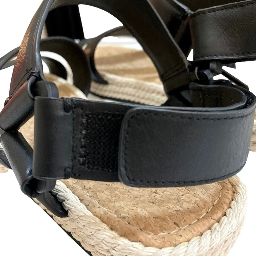 VINCE Elian Black Leather Strappy Platform Espadrille Rope Sandals